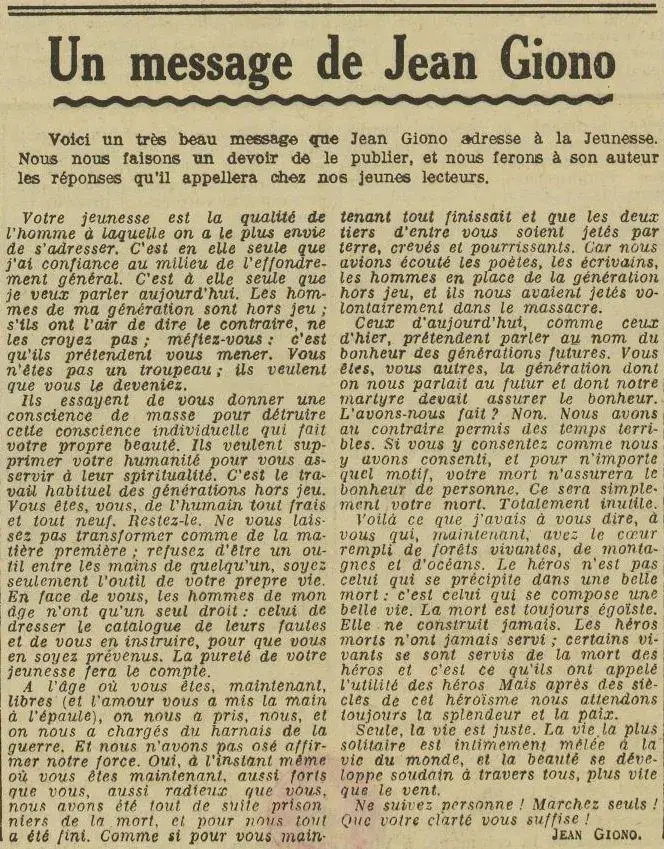 1938 10 26 loeuvre un message de jean giono a la jeunesse